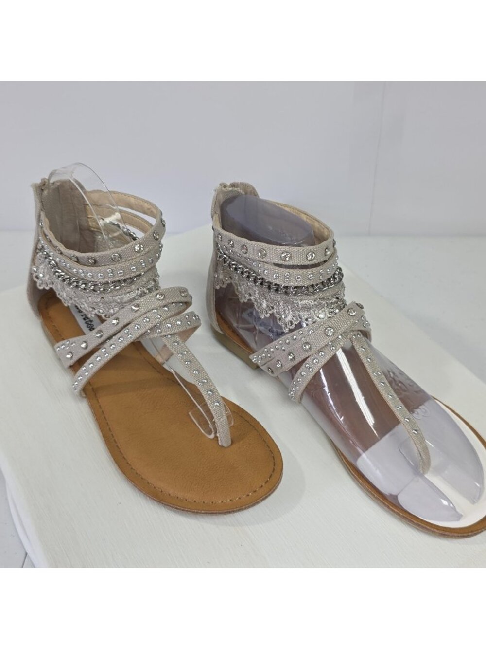 Not Rated Sandals Womens Size 8.5 Beige Gladiator Lace Rhinestone Boho Zip Back